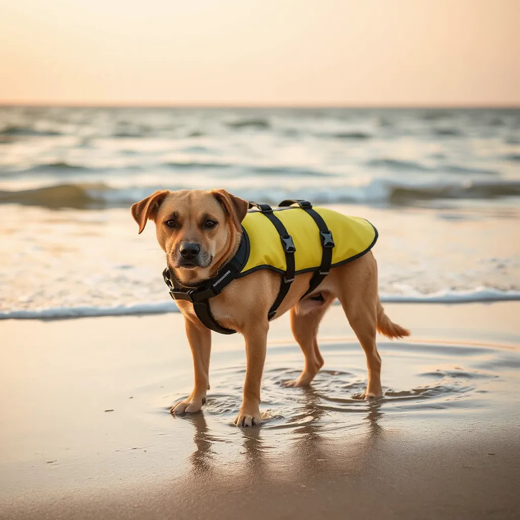 Dog wearing an adjustable life jacket with secure straps in shallow water on a calm beach