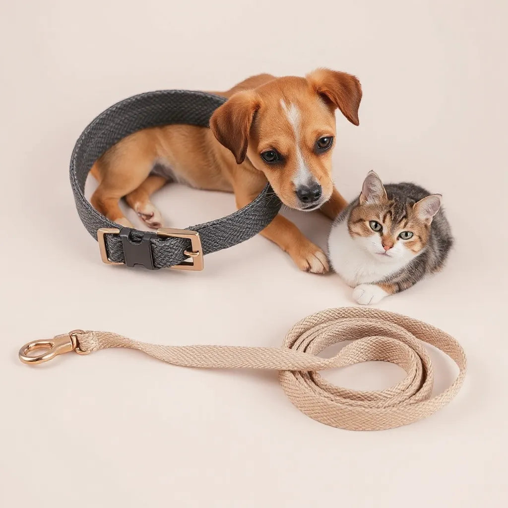 Stylish pet collar and leash with a small dog and cat resting on a neutral background