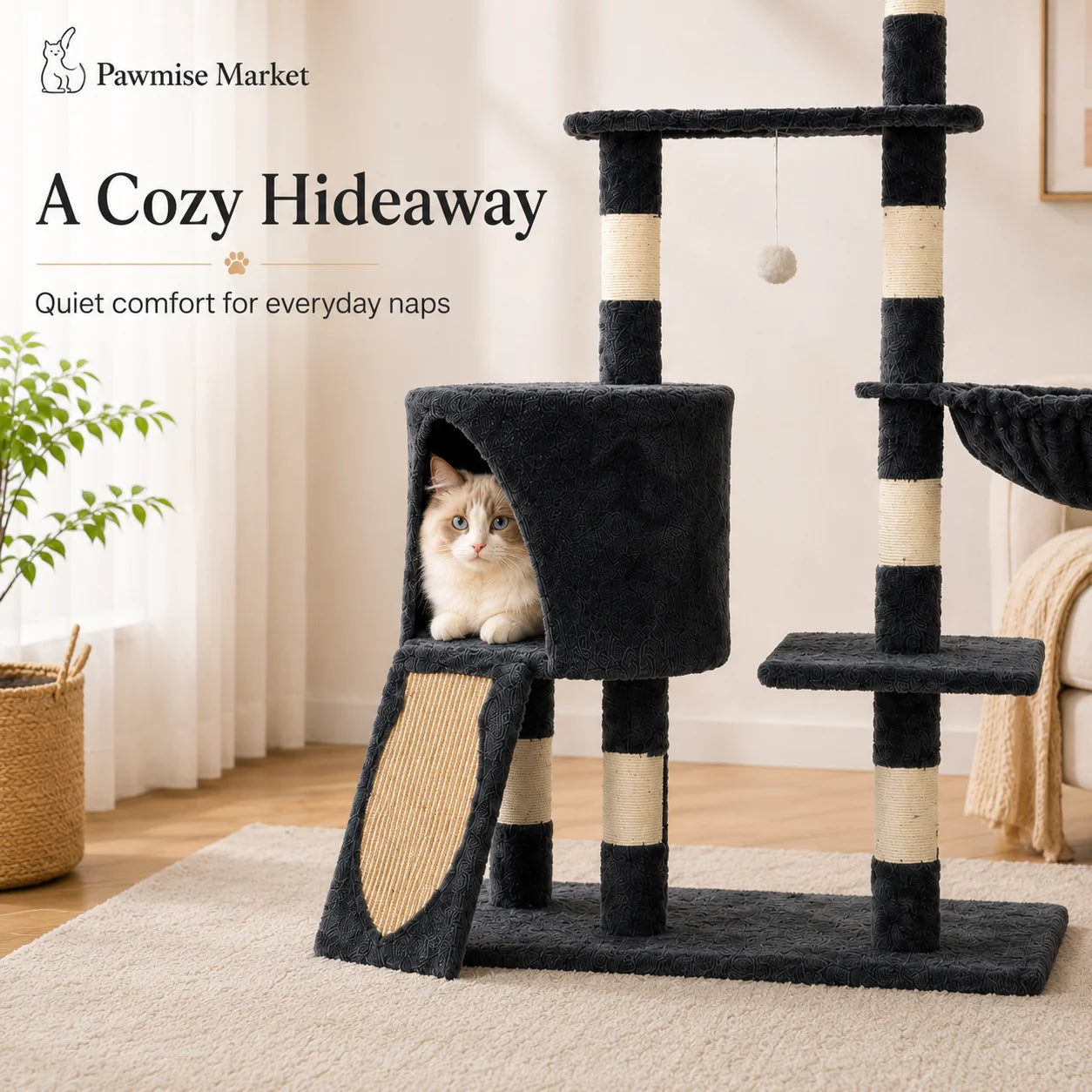 55.1-Inch Multi-Level Cat Tree for Indoor Cats, Tall Cat Tower with Large Top Perch, Cozy Condo, Hammock, Sisal Scratching Posts, Scratch Ramp and Hanging Toys, Dark Gray