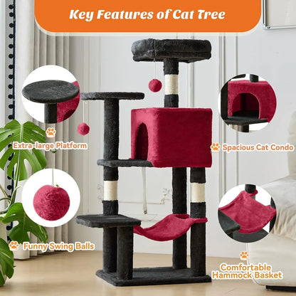 44" Cat Tree Tower with Sisal Scratching Posts, Hammock, Condo for Indoor Cats, Black/Red