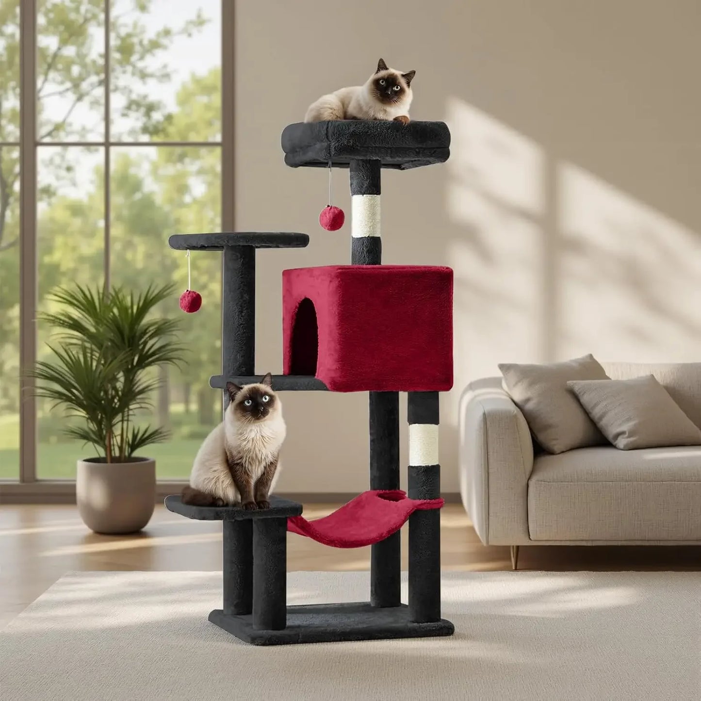 44" Cat Tree Tower with Sisal Scratching Posts, Hammock, Condo for Indoor Cats, Black/Red