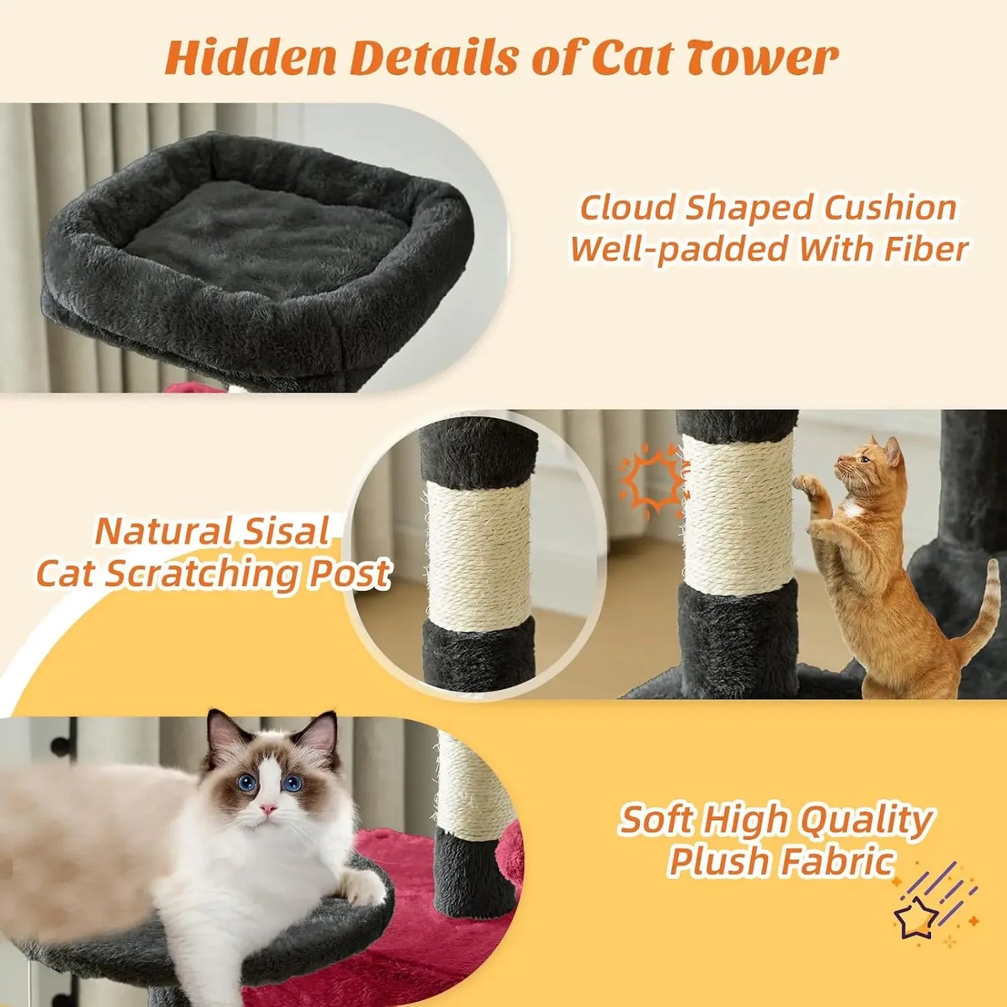 44" Cat Tree Tower with Sisal Scratching Posts, Hammock, Condo for Indoor Cats, Black/Red