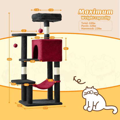 44" Cat Tree Tower with Sisal Scratching Posts, Hammock, Condo for Indoor Cats, Black/Red