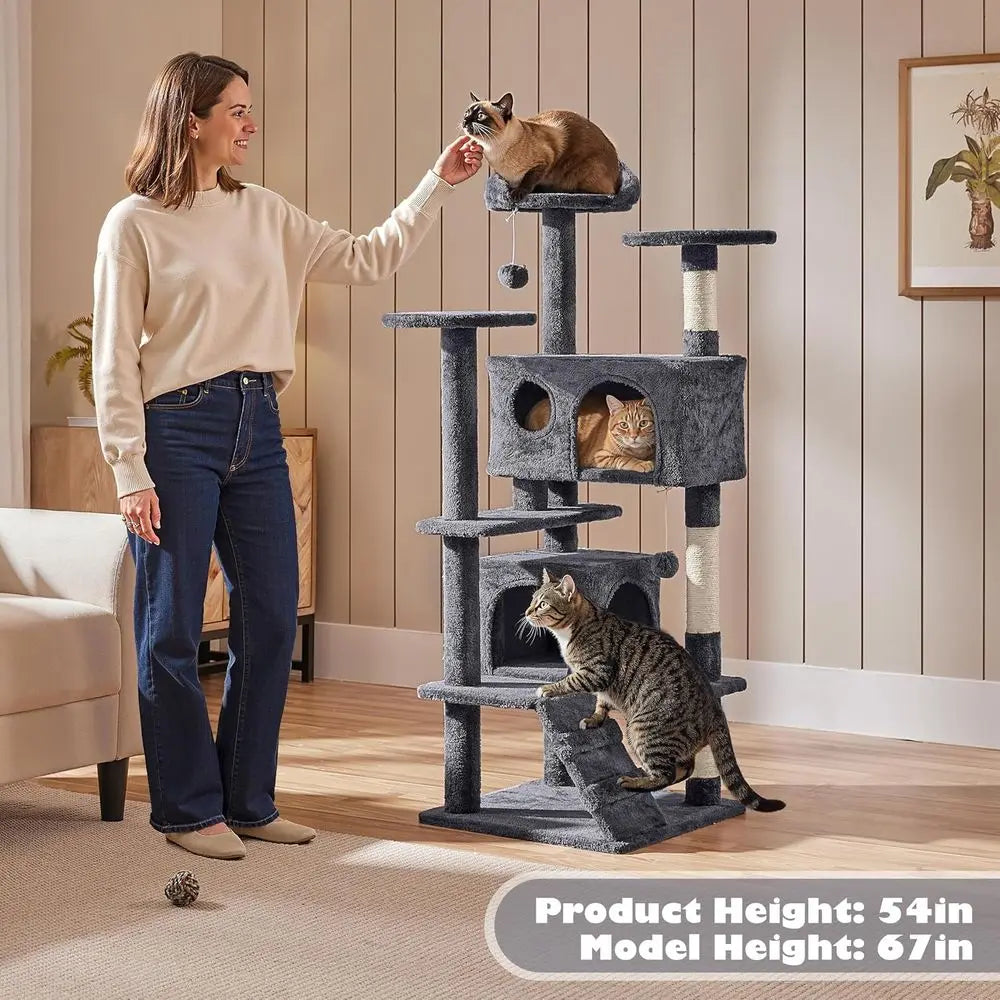 54in Cat Tree, Multi-Level Cat Tower with Spacious Kitten-ear Perch, 2 Cozy Caves, Scratching Posts, ClimLadder, 2 Plush Balls,