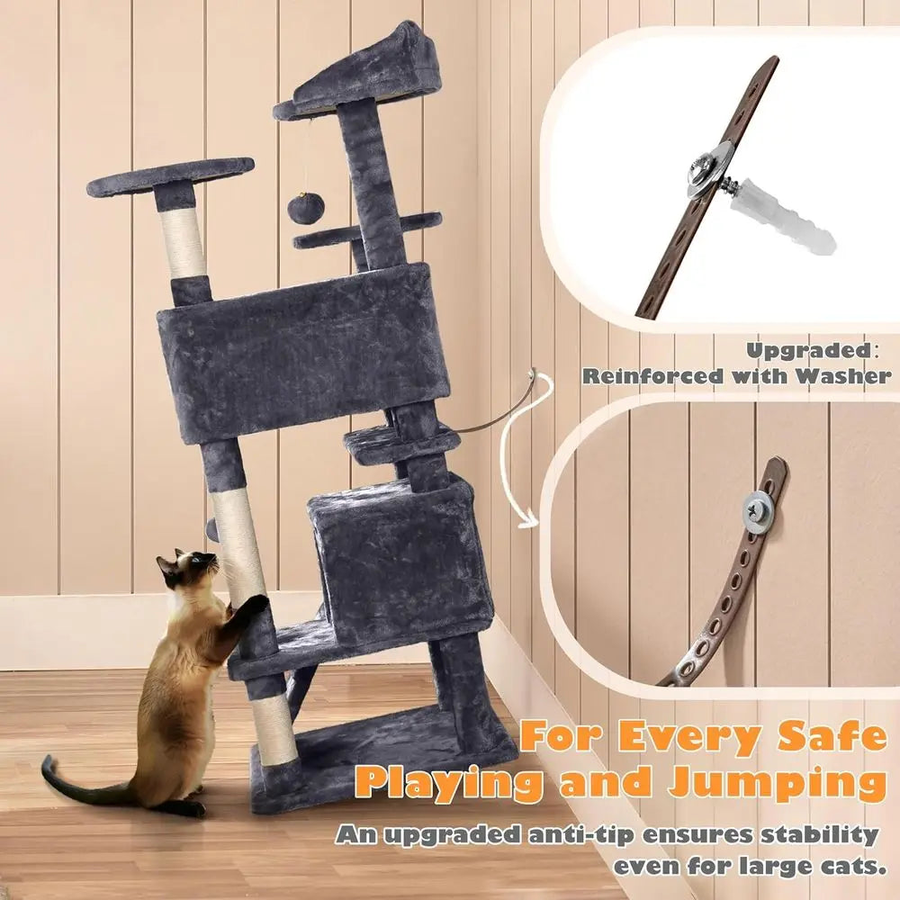 54in Cat Tree, Multi-Level Cat Tower with Spacious Kitten-ear Perch, 2 Cozy Caves, Scratching Posts, ClimLadder, 2 Plush Balls,