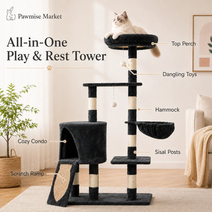 55.1-Inch Multi-Level Cat Tree for Indoor Cats, Tall Cat Tower with Large Top Perch, Cozy Condo, Hammock, Sisal Scratching Posts, Scratch Ramp and Hanging Toys, Dark Gray
