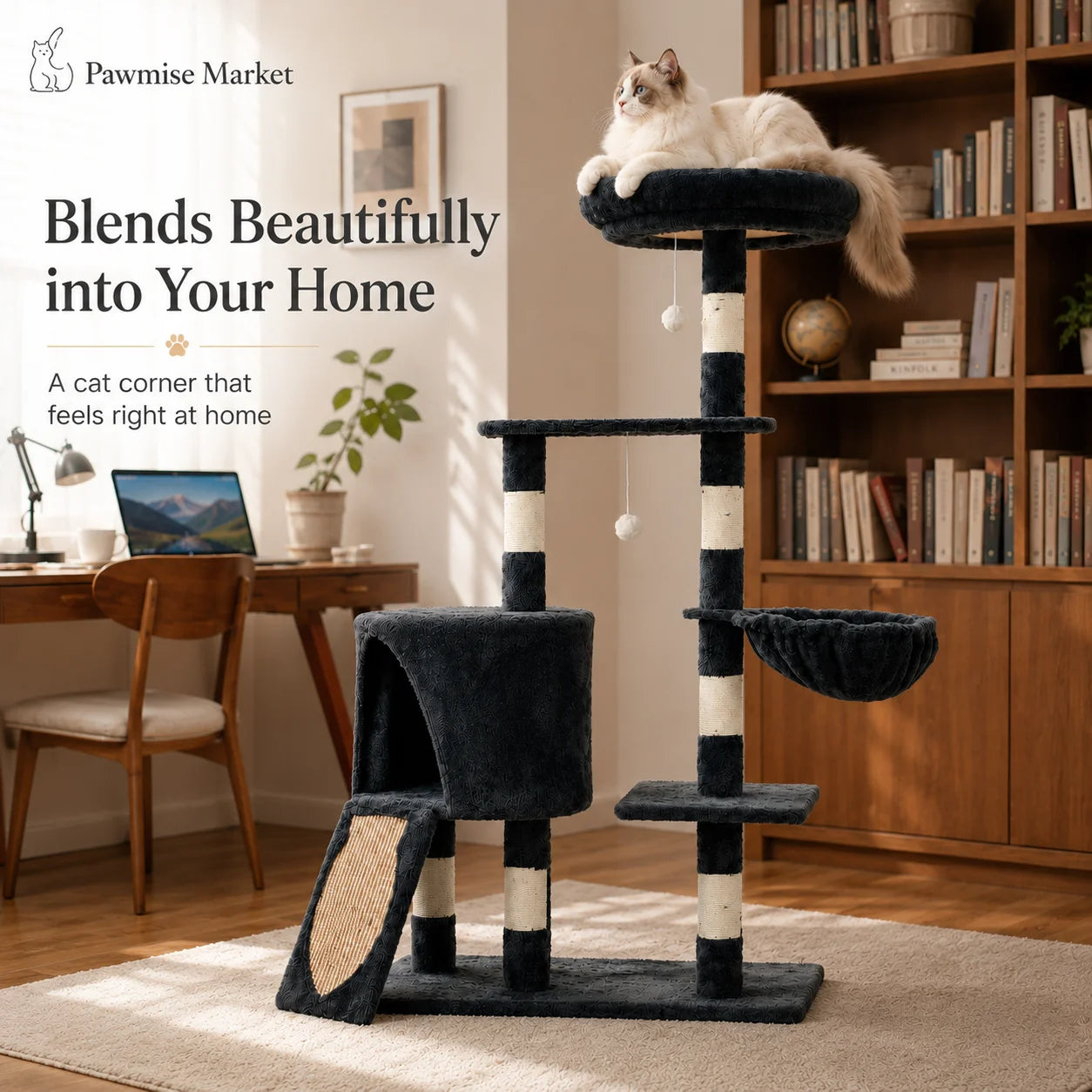 55.1-Inch Multi-Level Cat Tree for Indoor Cats, Tall Cat Tower with Large Top Perch, Cozy Condo, Hammock, Sisal Scratching Posts, Scratch Ramp and Hanging Toys, Dark Gray