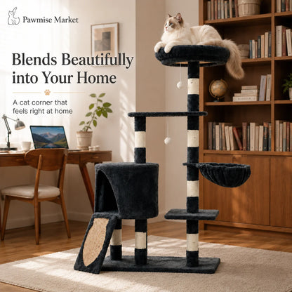55.1-Inch Multi-Level Cat Tree for Indoor Cats, Tall Cat Tower with Large Top Perch, Cozy Condo, Hammock, Sisal Scratching Posts, Scratch Ramp and Hanging Toys, Dark Gray