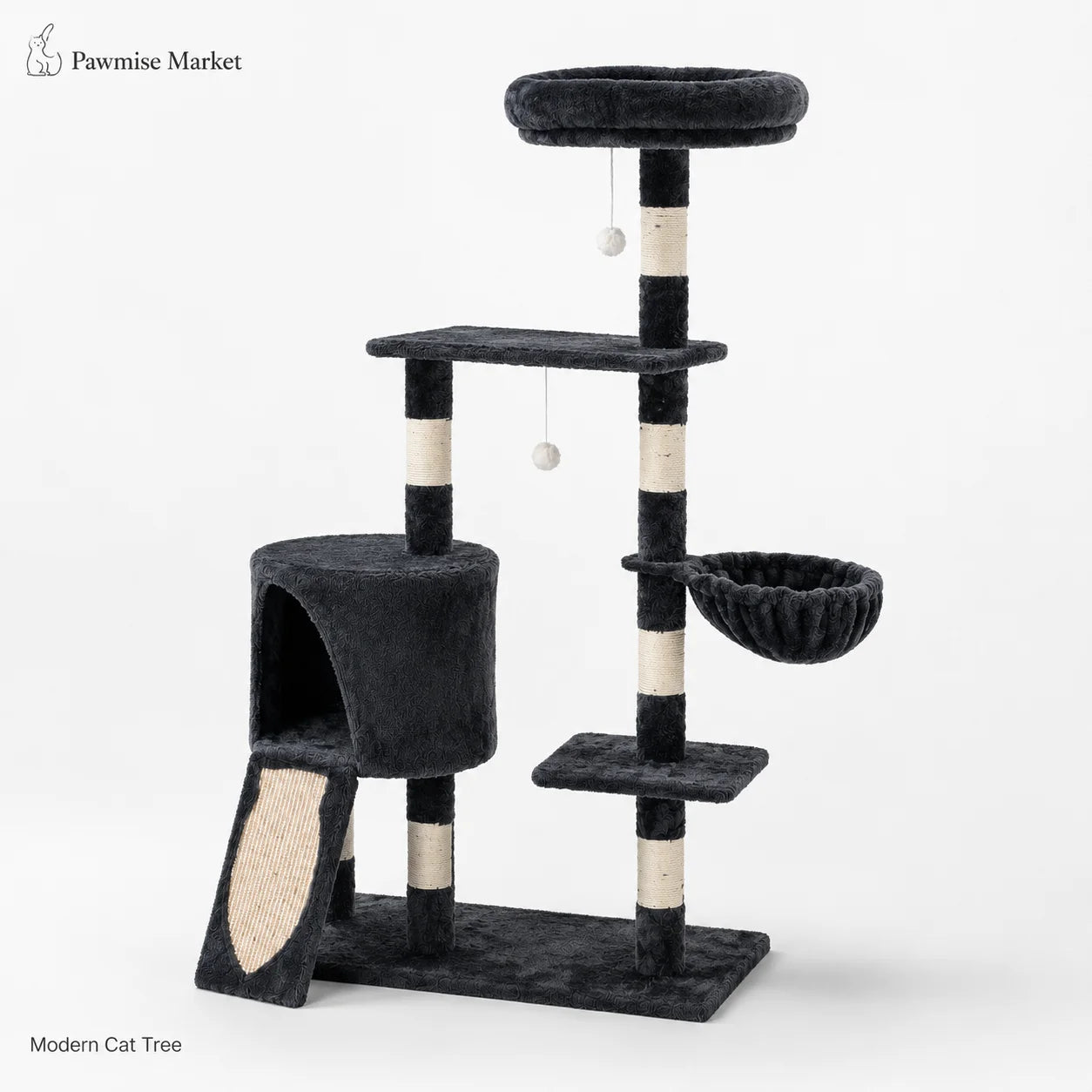 55.1-Inch Multi-Level Cat Tree for Indoor Cats, Tall Cat Tower with Large Top Perch, Cozy Condo, Hammock, Sisal Scratching Posts, Scratch Ramp and Hanging Toys, Dark Gray