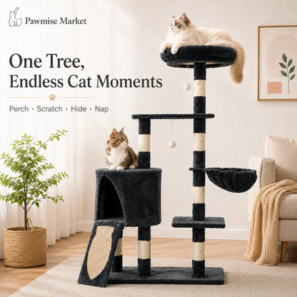 55.1-Inch Multi-Level Cat Tree for Indoor Cats, Tall Cat Tower with Large Top Perch, Cozy Condo, Hammock, Sisal Scratching Posts, Scratch Ramp and Hanging Toys, Dark Gray