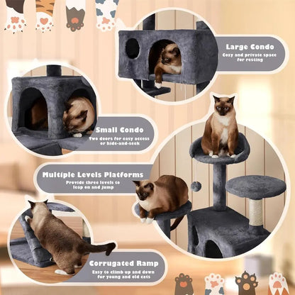 54in Cat Tree, Multi-Level Cat Tower with Spacious Kitten-ear Perch, 2 Cozy Caves, Scratching Posts, ClimLadder, 2 Plush Balls,