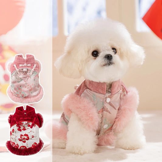 2026 New Year Tang Style Pet Costum Floral Print Warm Fleece Lined Pet Outfit for Puppy Kitten Pet Clothes for Holiday Party