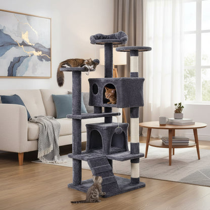 54in Cat Tree, Multi-Level Cat Tower with Spacious Kitten-ear Perch, 2 Cozy Caves, Scratching Posts, ClimLadder, 2 Plush Balls,