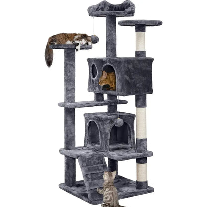 54in Cat Tree, Multi-Level Cat Tower with Spacious Kitten-ear Perch, 2 Cozy Caves, Scratching Posts, ClimLadder, 2 Plush Balls,