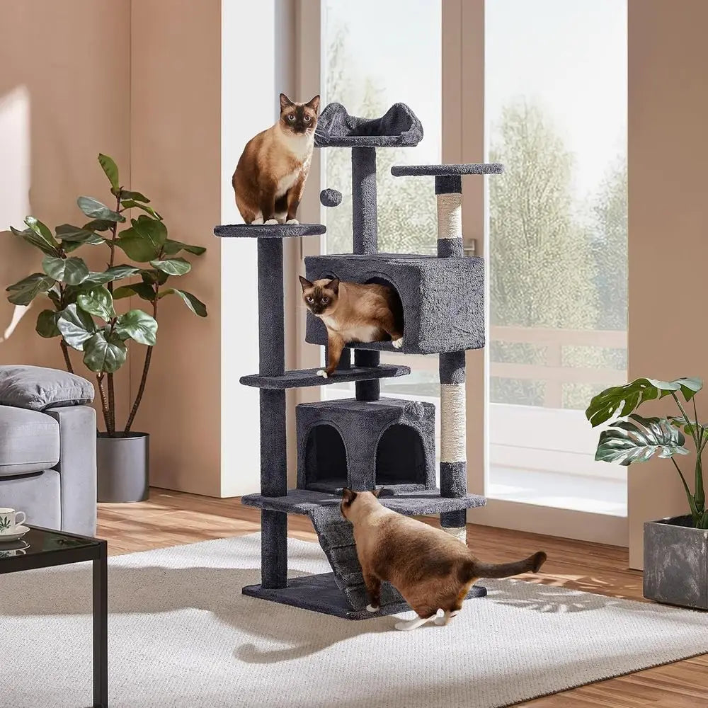 54in Cat Tree, Multi-Level Cat Tower with Spacious Kitten-ear Perch, 2 Cozy Caves, Scratching Posts, ClimLadder, 2 Plush Balls,