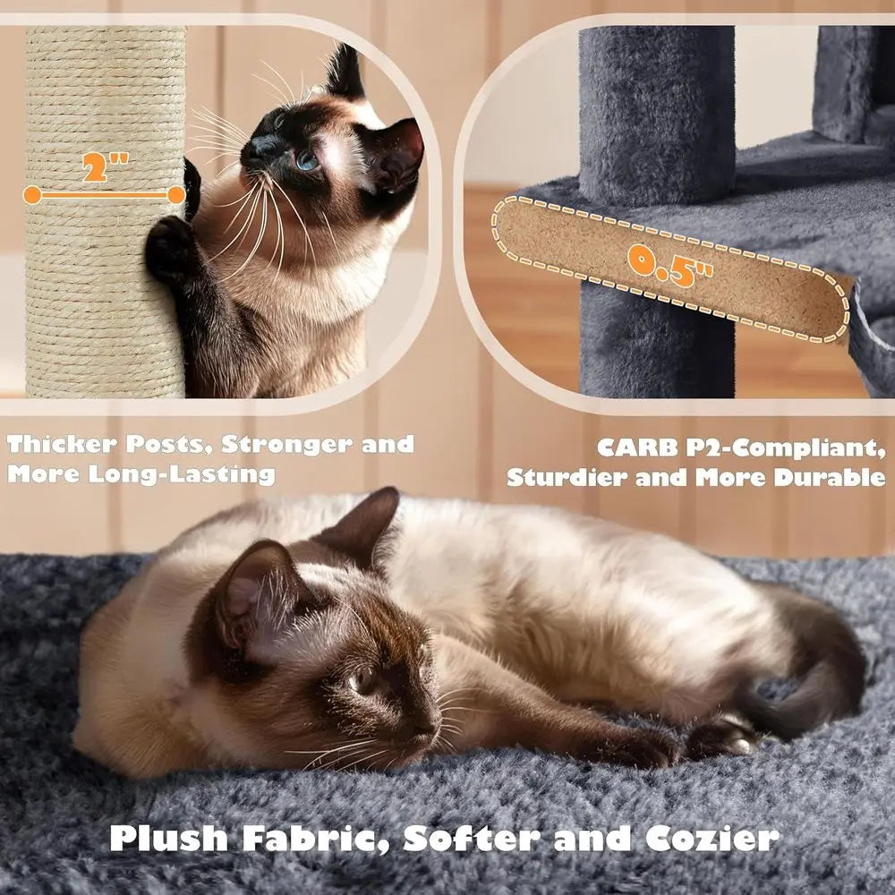 54in Cat Tree, Multi-Level Cat Tower with Spacious Kitten-ear Perch, 2 Cozy Caves, Scratching Posts, ClimLadder, 2 Plush Balls,