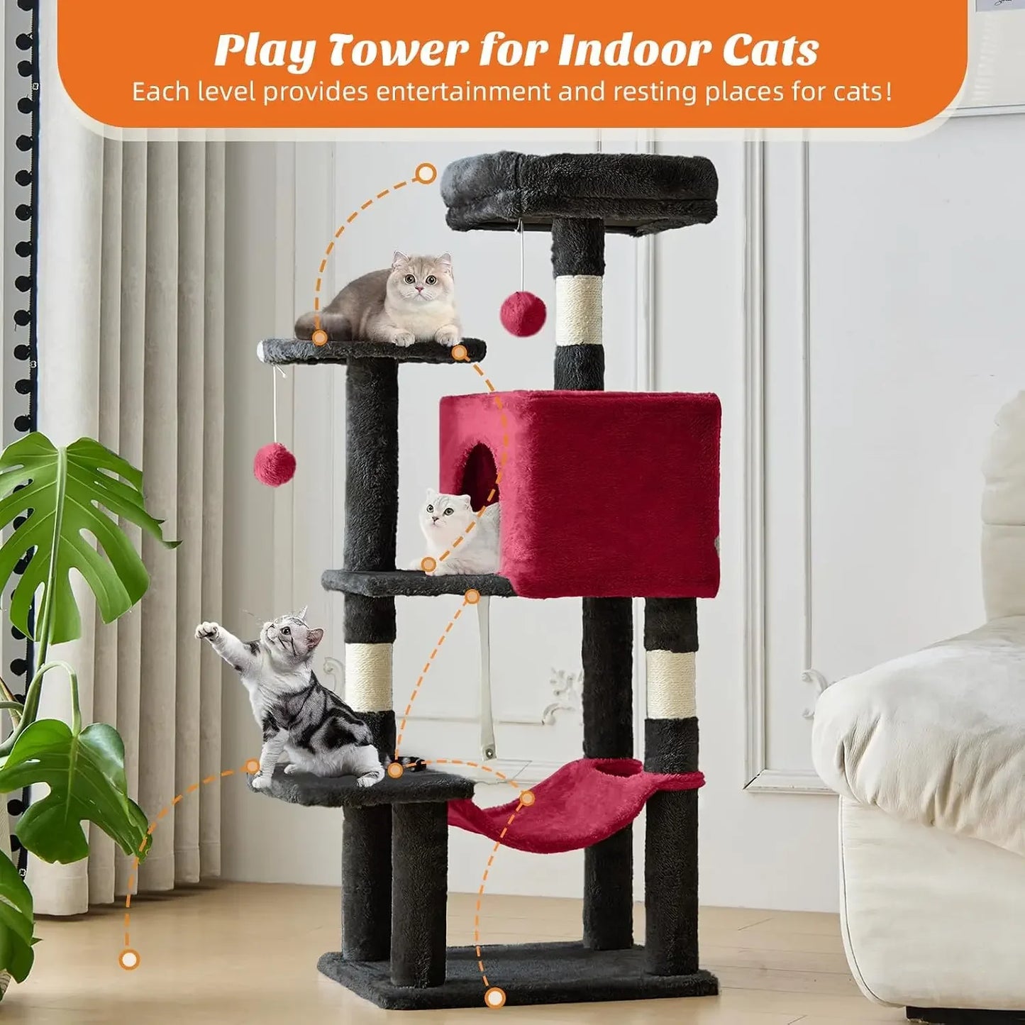 44" Cat Tree Tower with Sisal Scratching Posts, Hammock, Condo for Indoor Cats, Black/Red