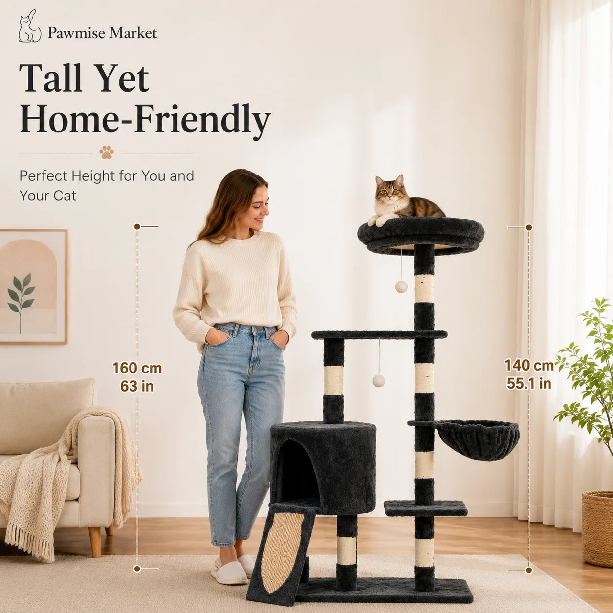 55.1-Inch Multi-Level Cat Tree for Indoor Cats, Tall Cat Tower with Large Top Perch, Cozy Condo, Hammock, Sisal Scratching Posts, Scratch Ramp and Hanging Toys, Dark Gray