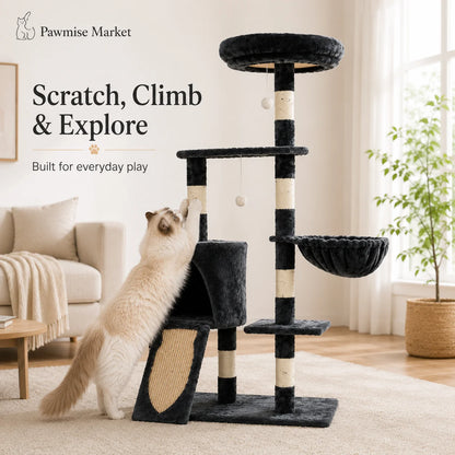 55.1-Inch Multi-Level Cat Tree for Indoor Cats, Tall Cat Tower with Large Top Perch, Cozy Condo, Hammock, Sisal Scratching Posts, Scratch Ramp and Hanging Toys, Dark Gray