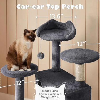 54in Cat Tree, Multi-Level Cat Tower with Spacious Kitten-ear Perch, 2 Cozy Caves, Scratching Posts, ClimLadder, 2 Plush Balls,
