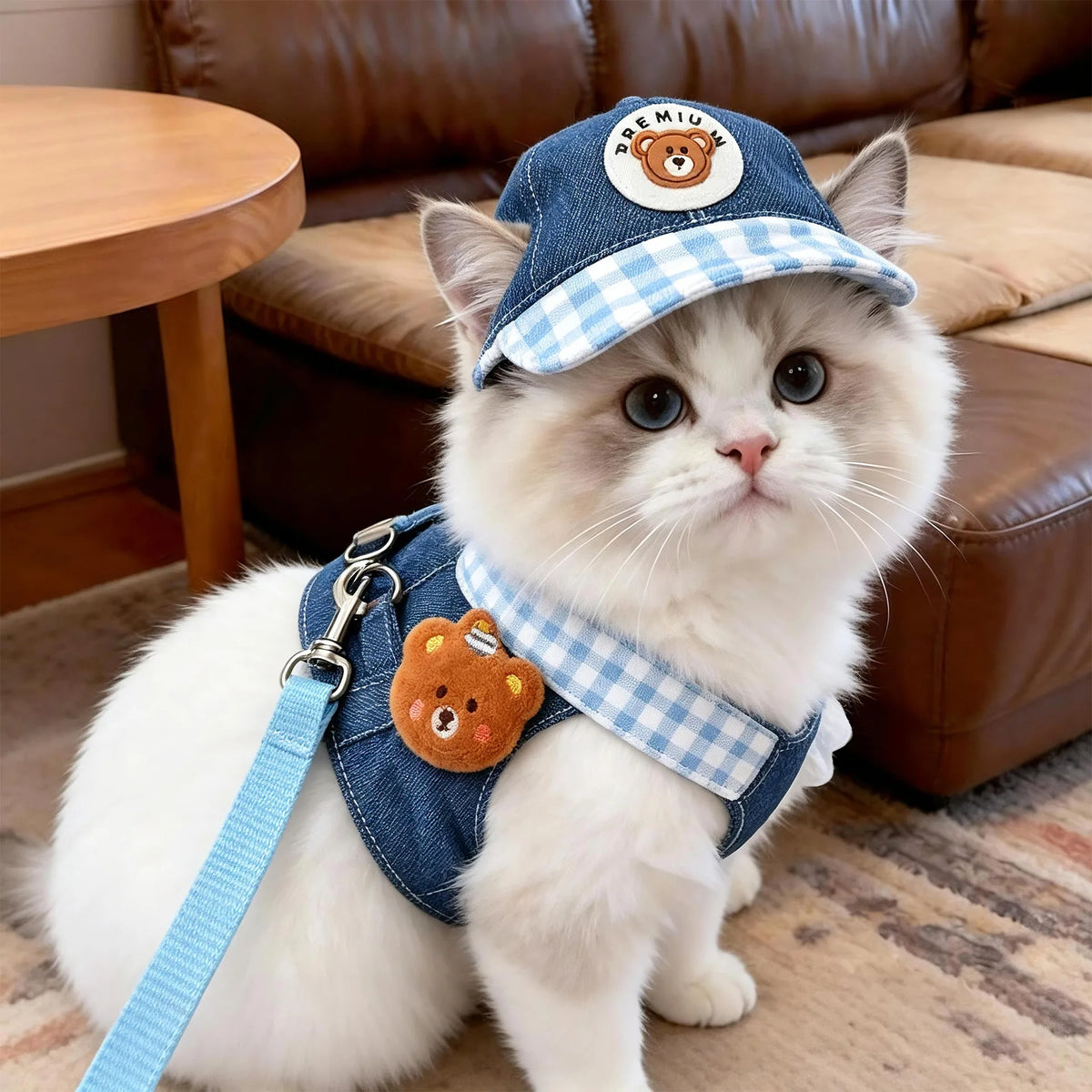 Small Breed Denim Harness and Hat - Waggy World