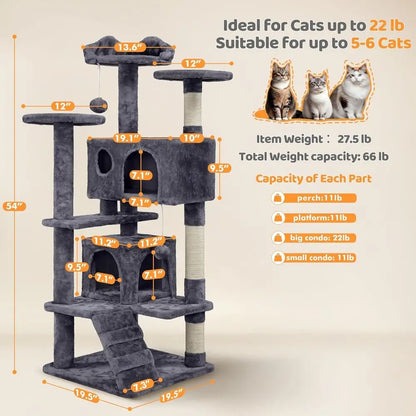 54in Cat Tree, Multi-Level Cat Tower with Spacious Kitten-ear Perch, 2 Cozy Caves, Scratching Posts, ClimLadder, 2 Plush Balls,