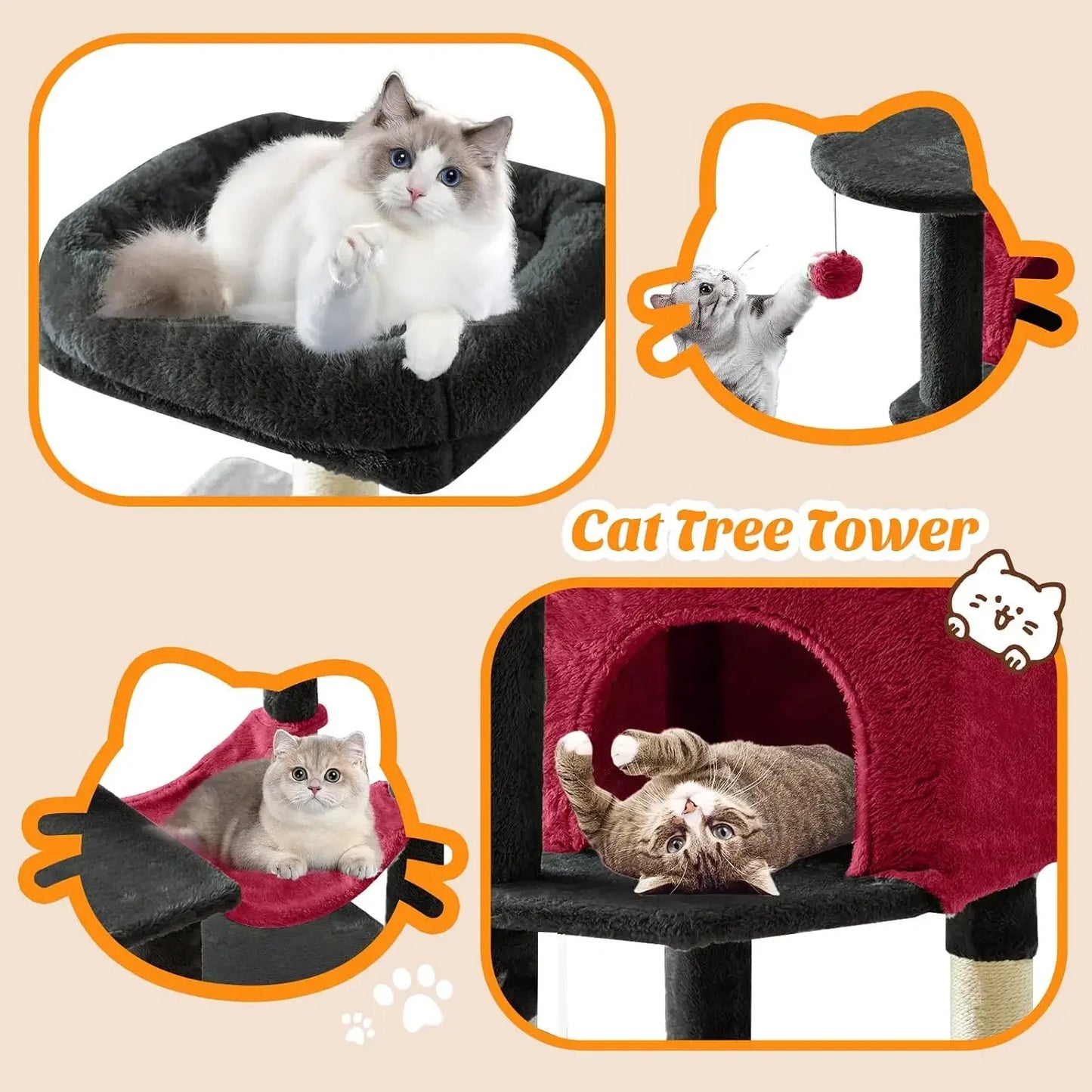 44" Cat Tree Tower with Sisal Scratching Posts, Hammock, Condo for Indoor Cats, Black/Red
